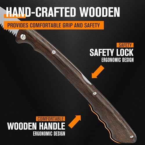 Folding Pruning Saw 10 Inch with Leather Sheath and Wenge Wooden Handle, SK5 Steel Blade, Foldable Hand Saw for Camping, Survival, Wood Cutting, Bushcraft and Tree Trimming