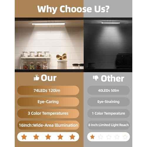 6Pack 16inch Under Cabinet Lighting, Rechargeable Motion Sensor Light Indoor, Wireless Remote Light, Dimmable 3 Color Temps Closet Lights, Under Counter LED Lights for Kitchen, Stairs