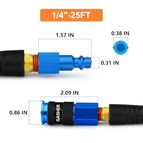 GASHER 1/4" x 25FT Reinforced Polyurethane Recoil Air Hose With Bend Restrictor, 1/4" AMT Universal Air Coupler, For Air Compressor