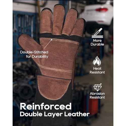 TOPDC Welding Gloves 16Inch 1000¢µHeat/Fire Resistant Reinforced Leather Fireproof Gloves with Kevlar Stitching for Mig, Tig, Stick, Forge, BBQ, Grill, Oven, Fireplace, Furnace, Animal Handling, SMALL