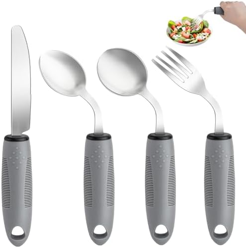 Weighted Adaptive Utensils, 4Pcs Weighted Utensils for Hand Tremors, 45Â°Angled Parkinsons Utensils for Elderly, 3.5oz Weighted Built Up Utensils for Adults, Disabled, Parkinson, Right-Handed