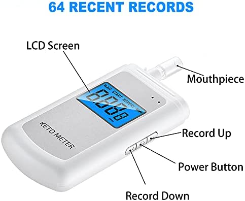 Rechargeable Ketone Meter Analyzer Professional Grade Accuracy Breath Ketone Meter LCD Digital Display Ketosis Breath Breathalyzer Tracing Ketones Status with 10 Mouthpieces