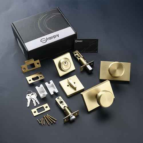 Gold Door Knobs Interior with Lock, Satin Brass Exterior Door Lock Set with Deadbolt