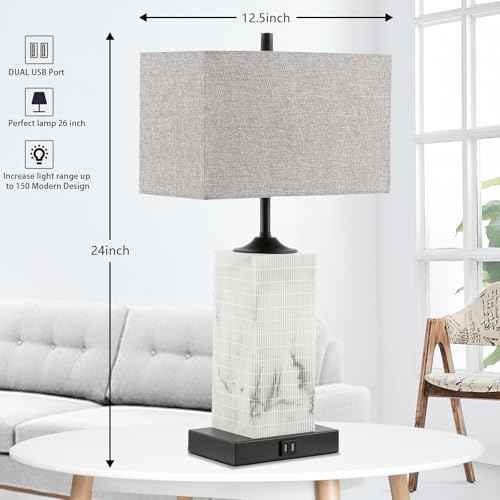 Table Lamps for Living Room Set of 2, Modern Bedside Lamps with Dual USB Ports for Bedroom Nightstand, Large End Table Lamps with Grey Fabric Shades Minimalist Decor Marble Finish
