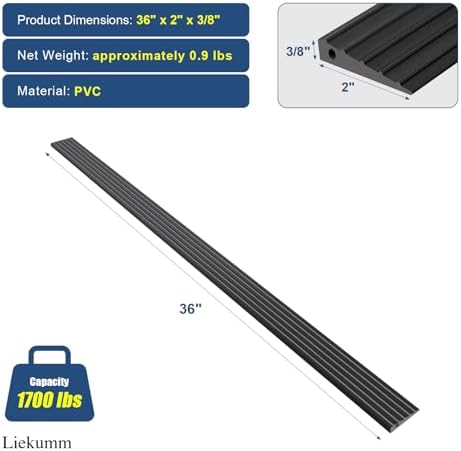 LIEKUMM 3/8" Rise PVC Threshold Ramp for Doorways, 1700 Lbs Capacity, Self-Adhesive Transition Ramp for Wheelchairs, Strollers, and Scooters, Cuttable, Black