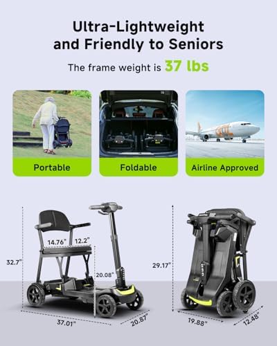 4 Wheel Mobility Scooter for Adults & Seniors Electric Powered Lightweight Foldable 5 MPH Speed 15 Miles Range Two Removable Batteries Airline Approved (Black Yellow, Standard)