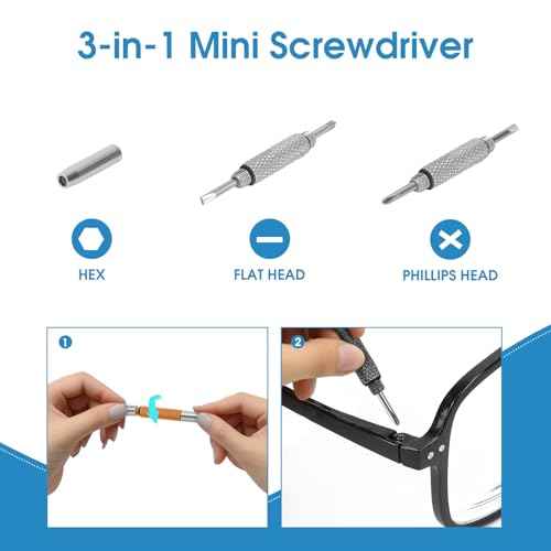 UNEAK - Eyeglass Screwdriver Repair Kit Silver Yellow Pink Black Precision 3 in 1 Mini Screwdrivers Set Keychain Glasses, Sunglasses, Sunglass, Watch, Electronics, Eyeglasses, Flat Head, Phillips, Hex
