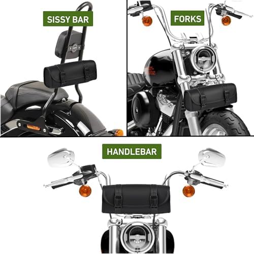 Nomad Motorcycle Tool Bag?Universal Handlebar Leather Pouch?Waterproof Cruiser Biker Roll Bag Front Fork or Saddlebag Storage (Black)