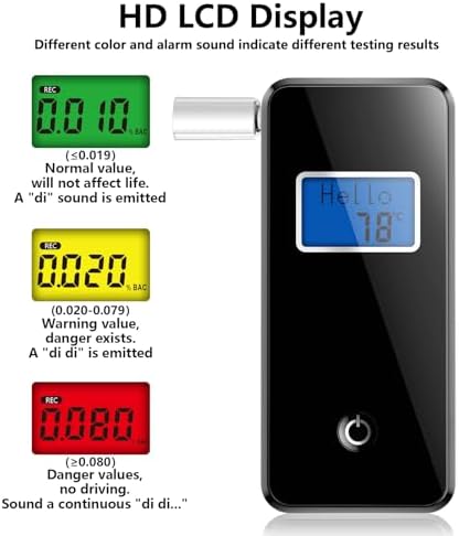 Breathalyzer,Professional-Grade Alcohol Tester with LCD Display,High-Accurate Alcohol Tester with Environment Temperature and Used Records for Home Use (10 Mouthpieces)