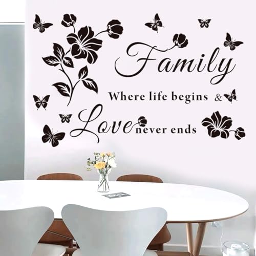 Family Wall Decor Stickers, Black Floral Quote Wall Decal Vinyl Sticker for Living Room, Bedroom, Kitchen, Dining, Office, Glass Surface