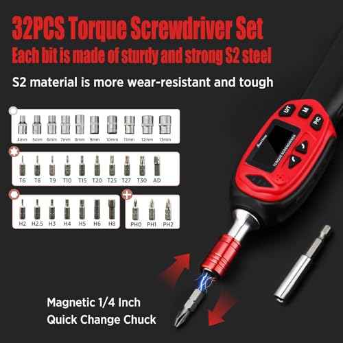 Digital Torque Screwdriver 0.71-70.8 In-lbs/0.08-8 Nm£¬1/4'' Drive Inch Pound Torque Screwdriver Electrician with Buzzer & LED Indicator, Data Storage, 32Pcs Torque Wrench Screwdriver Set.