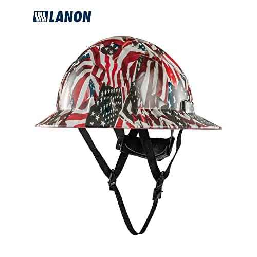 LANON Full Brim Hard Hat, OSHA Construction Work Approved, Premium American Flag Design, FRP Safety Helmet with 4 Point Adjustable Ratchet Suspension, Class C