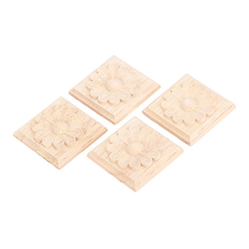 MUXSAM Wooden Carved Appliques Onlays, 4-Pack Unpainted Solid Wood Square Carvings Decals for Cabinet Dresser Cupboard Mirrors Walls Doors Closet Fireplace Wardrobe DIY Project, 6x6cm/2.36"x2.36"