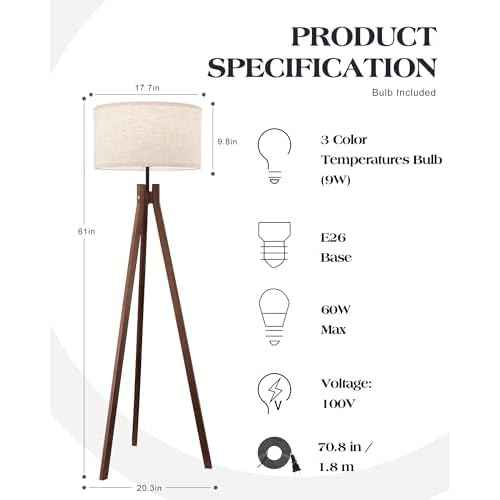 ELYONA Wood Tripod Floor Lamp, Mid Century Reading Standing Lamp with 3 Color Temperatures & Linen Shade, Modern Night Light for Bedroom, Farmhouse, Living Room, Office, 9W LED Bulb Included, Brown