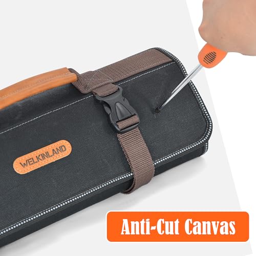 WELKINLAND 18-Pockets Waxed Canvas Tool Roll, Heavy-Duty tool bag roll, Waterproof tool roll up bag, 17" Canvas tool roll, Screwdriver roll up bag