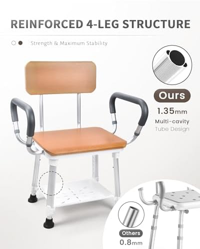 Sangohe Shower Chair for Inside Shower, Shower Chair with Wood Seat Board and Back, Height Adjustable Shower Chair for Elderly and Disabled, 400 lbs Heavy Duty Shower Seat for Seniors, 796D-A
