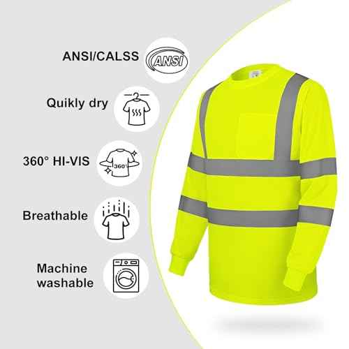 wefeyuv Safety Shirt Long Sleeve High Visibility Reflective Breathable T Shirt for Work Warehouse Construction Class 3