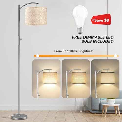 Dimmable Floor Lamp, Arc Floor Lamps for Living Room, Stepless Dimming Modern Standing Lamp with Linen Shade, Tall Lamp for Bedroom Office Dining Room- Silver