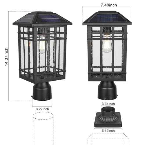 Solar Post Lights, Outdoor Post Lights Solar Powered, Waterproof Anti-Rust Black Post Lights with Seeded Glass, LED Solar Powered Lamp for Front Door, Porch, Garage, and Patio £¨Bulb Included£©SR018-P