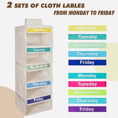 Weekly Clothes Organizer for Kids-Day of The Week Clothes Organizer for Kids-Kids Daily Clothes Organizer-Monday Friday Clothes Organizer-Kids Closet Organizer (Warm white)