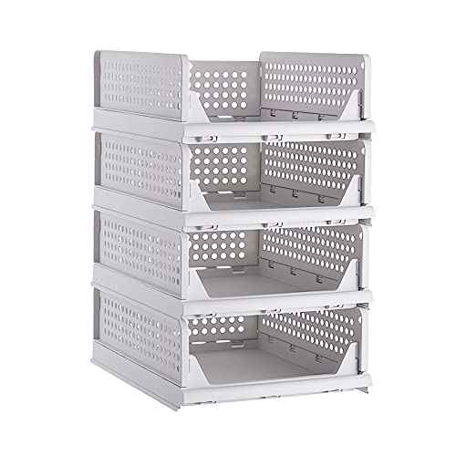 Stackable Plastic Storage Basket-Foldable Closet Organizers and Storage Bins - Drawer Shelf Storage Container for Wardrobe Cupboard Kitchen Bathroom Office (White Small-4 Pack)