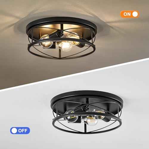 Farmhouse Light Fixtures, Black Round Metal Flush Mount Ceiling Light, 3-Light Cage Ceiling Lamp for Kitchen, Foyer, Bedroom, Hallway£¨Bulbs Not Included£©