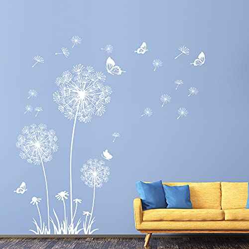 2 Sheets Dandelion Wildflower Wall Decals Art, Wall Stickers Peel and Stick Floral Butterflies Flying Decor for Girls Kids Women Baby Nursery Living Room Bedroom Bathroom Hallway Stairwell (White)