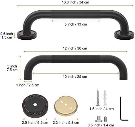 2 Pack 12 Inch Anti Slip Shower Grab Bar Oil Rubbed Black Bronze, ZUEXT Antique Brass Bathroom Grab Bar, Knurled Bath Balance Bar, Safety Handrail Support, Handicap Elderly Senior Assist Bath Handle