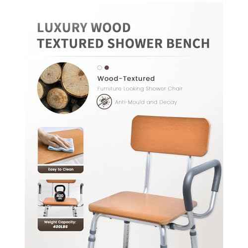 Sangohe Shower Chair for Inside Shower with Arms and Back, Height Adjustable Shower Chair for Elderly and Disabled, Wood Seat Board and Back, 400 lbs Heavy Duty Shower Seat for Seniors, 796A