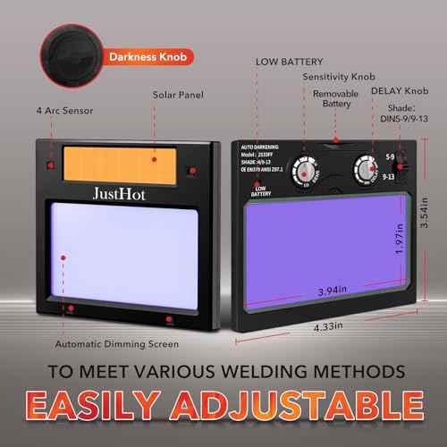 Welding Helmet Auto Darkening Welding Hood True Color Solar Powered Welding Mask 1/1/1/1 Optical Clarity Weld Helmet Wide Shade 5-9/9-13 with 4 Arc Sensor Welding Helmets for Men (JH-BJ05)