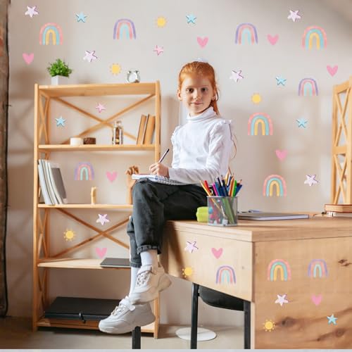 Rainbow 72pcs Wallpaper Wall Decals, Hearts, Suns, Stars, Watercolor Art for Girls, Nursery, Bedroom, Living Room, Toddler, Party Decals