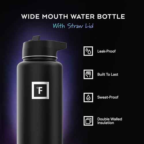 IRON ¡ÆFLASK Camping & Hiking Hydration Flask with 3 Lids - Stainless Steel, Double Walled & Vacuum Insulated Water Bottle - Leak Proof & BPA Free (Midnight Black, Straw - 40 oz)