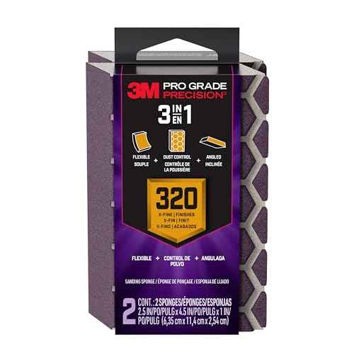 3M Pro Grade Precision 3-in-1 Sanding Sponge, 320 Grit X-Fine, 2 Sponges, Washable & Reusable, for Wood, Metal, Drywall, and Paint Finishing ? Flexible Foam, Contoured, Angled, Flat