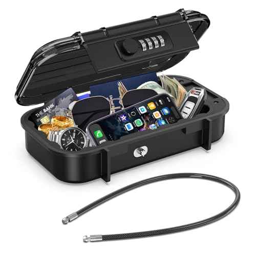 LOFICOPER Portable Lock Box, Beach Security Box for Travel, Anti-Theft 4-Digit Combination Lock Box, Cash Box with Removable Wire Rope for Dorm, Gym, Travel, Hotel, Office