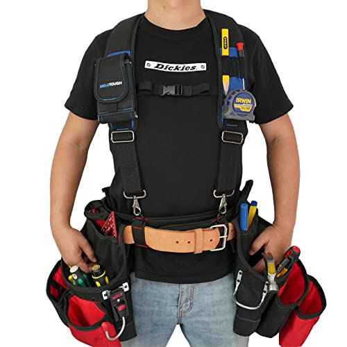 MELOTOUGH Tool Belt Suspenders Construction Work Belt Suspenders with detachable phone holder comfortable foam shoulder padder (Blue)
