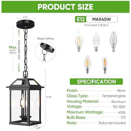 WIHTU Large Outdoor Pendant Light with 2 Bulbs, 14.96" Modern Hanging Lantern Ceiling Mount, Waterproof Outside Chandelier Exterior Hanging Fixture with Tempered Glass for Porch