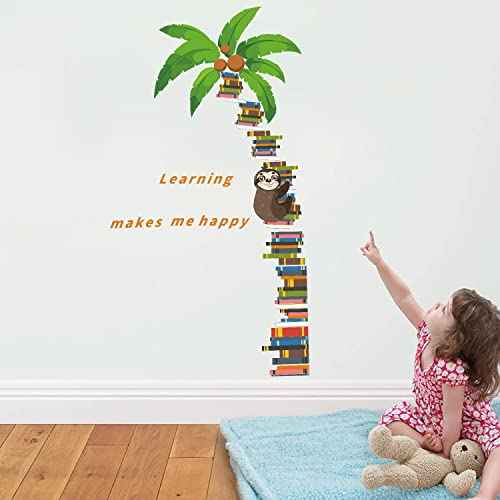 IARTTOP Coconut Tree Sloth Wall Decal Book Tree Sloth Wall Sticker Large Book Tree Wall Stickers for Bedroom Study Room Living Room Decoration