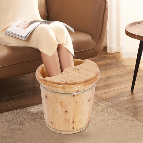 Wood Foot Bath Bucket with Lid & Stool, 15.75 Inch Solid Natural Wood Foot Tub, Pedicure Bowl Soaking Tub to Relieve Stress, Pedicure Soak, Massage & Relaxation