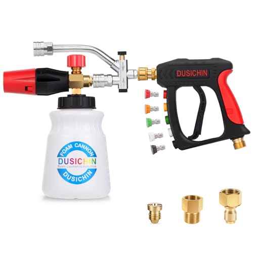 DUSICHIN Short Wand Pressure Washer Gun Foam Cannon 1/4" Quick Connector Pressure Washer Accessory,Car Wash Foam Gun Dual Ended Shift Connector 5 Pressure Washer Nozzles M22-14, M22-15 Brass Fittings