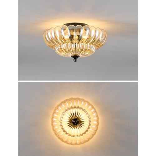 Semi Flush Mount Ceiling Light, Amber Glass Ceiling Light Fixture, 3-Bulb Modern Black Close to Ceiling Light, Vintage Glass Ceiling Lights for Bedroom Kitchen Living Room, Bulb Not Included