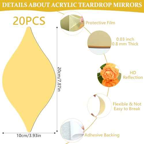 DARENYI 20Pcs Gold Teardop Mirror Wall Stickers Shatterproof Acrylic Mirror Tiles Self Adhesive Wall Decor Decals for Living Room, Bathroom, Bedroom, TV Background, Entryway Decor