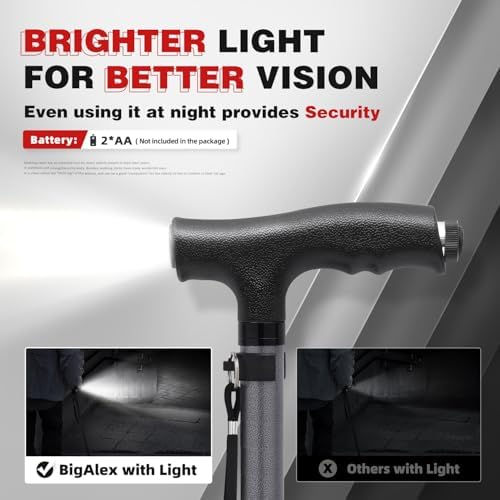 BigAlex Folding Walking Cane with LED Light, Lightweight Adjustable Canes for Women & Men, Free Standing Canes, Pivot Tip, Adjustable Travel Walking Aids with Carry Bag for Seniors Balance & Stability
