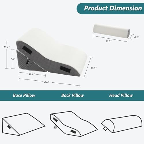 Bed Wedge Pillow Set for Sleeping 3 PCS - 16.5" Wide Triangle Pillow for Back Leg Pain Relief with Washable Cover - 35D Foam Wedge Pillow Post Surgery for Acid Reflux & Snoring (White Grey)