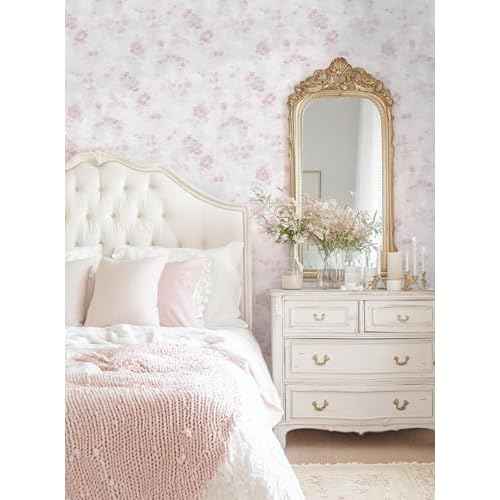 Dimoon 78.7"x17.3" Pink Wallpaper Floral Contact Paper Peel and Stick Wallpaper White Vintage French Country Renter Friendly Bathroom Boho Flower Removable Wall Paper Kitchen Self Adhesive Vinyl Roll