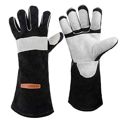 YESWELDER 16 Inches,932¢µ,Leather Forge MIG Welding Gloves, with Kevlar Stitching Heat/Fire Resistant, Palm Reinforcements, Black-Gray