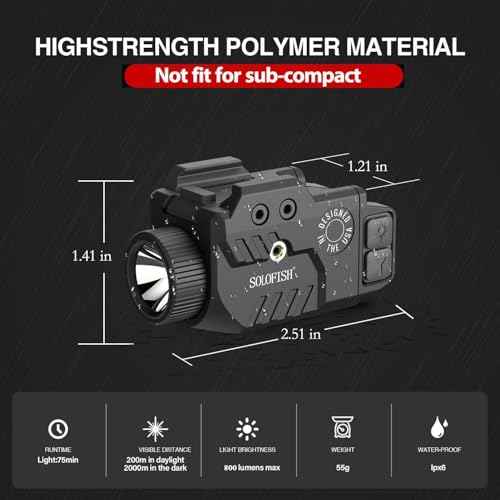 Solofish 800lm Pistol Light Laser Combo with Adjustable Rail, Shockproof Green Laser Sight and Gun Light with Strobe Function, Rechargeable