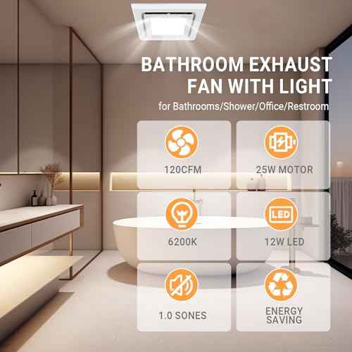 Bathroom Exhaust Fan with Light, 120 CFM Quiet Ventilation Fan with 6200K 12W LED Light 1.0 Sones Low Noise, 4 Inch Duct Quiet Square Ceiling Mount Vent Fan for Shower, Bathroom, Office, Home