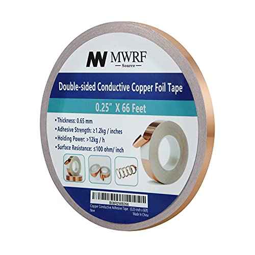 MWRF Source (0.25 inches x 66 ft Copper Foil Tape with Conductive Adhesive; EMI Shielding; Stained Glass; Soldering; Electronics Repair, Slug, Paper Circuits, Grounding