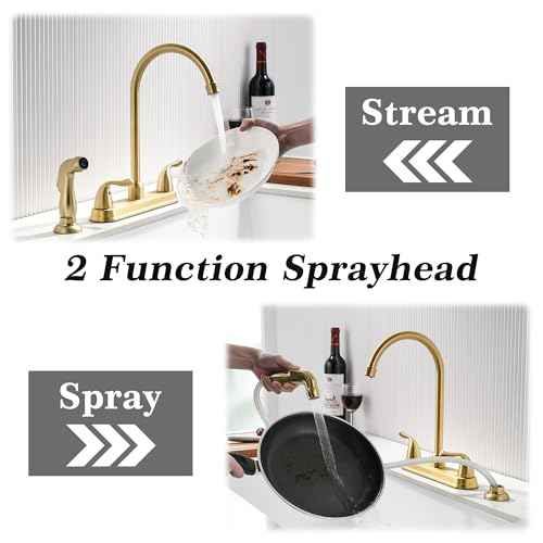 Gold Kitchen Faucet with Side Sprayer - 2 Handles 8 Inches Centerset Sink Faucets 3 or 4 Hole RV Kitchen Sink Faucet Commercial Lead-Free Utility Faucet with High Pressure Sprayer & Water Hose