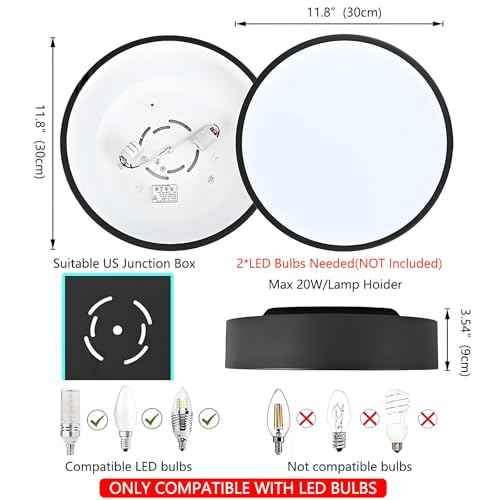 Modern Black Flush Mount Ceiling Light, 2-Lights Round Ceiling Light, Minimalistic Ceiling Lamp Acrylic Shade Lighting Fixture for Bedroom Laundry Room Bathroom Hallway(11.8 Inch)
